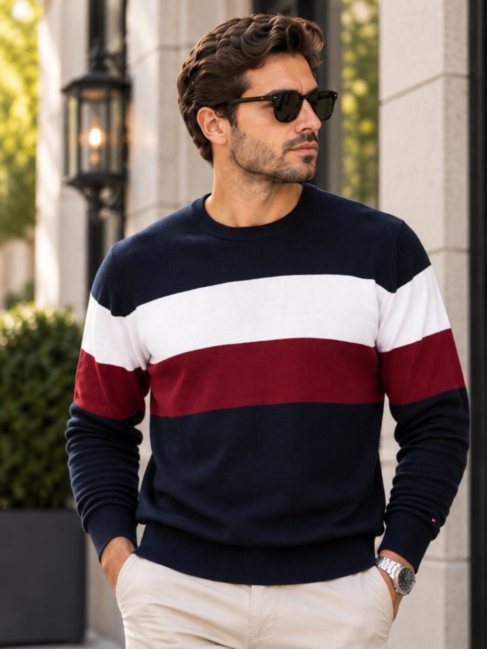 Tommy Hilfiger Men’s Colorblock Crewneck Sweater Navy Red White NWT Size M